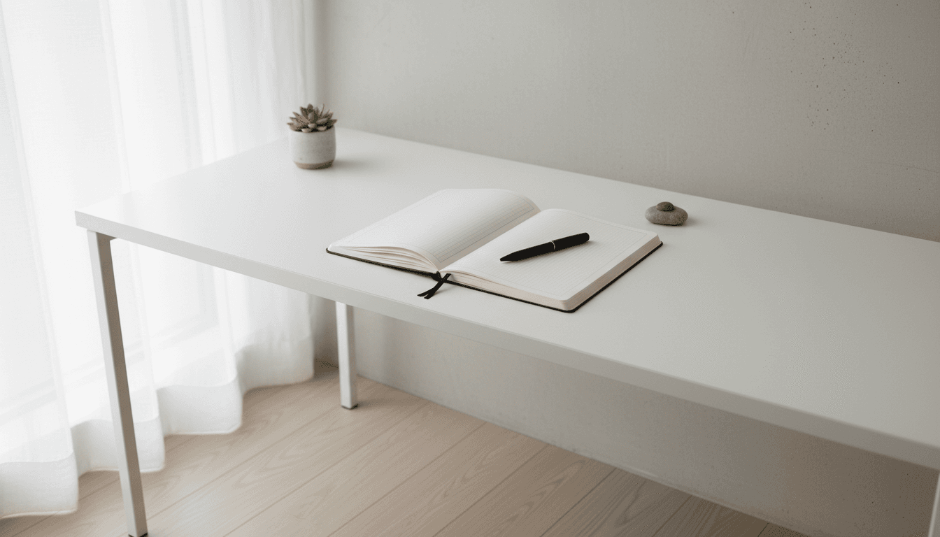 Escritorio minimalista con libreta y bolígrafo, iluminación natural suave