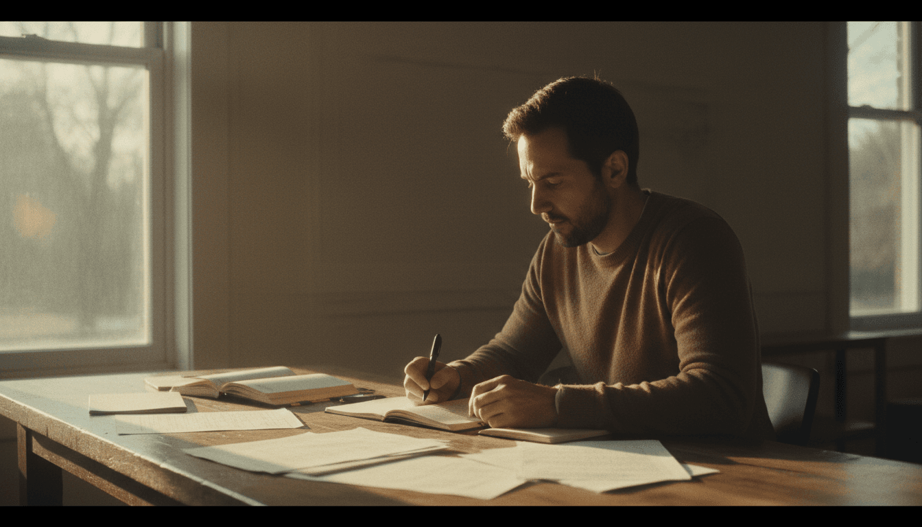 Hombre revisando notas de desarrollo personal con enfoque y dedicación